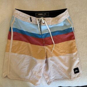 O'Neill Boy's Striped Swim Shorts - Blue, Red, Tan